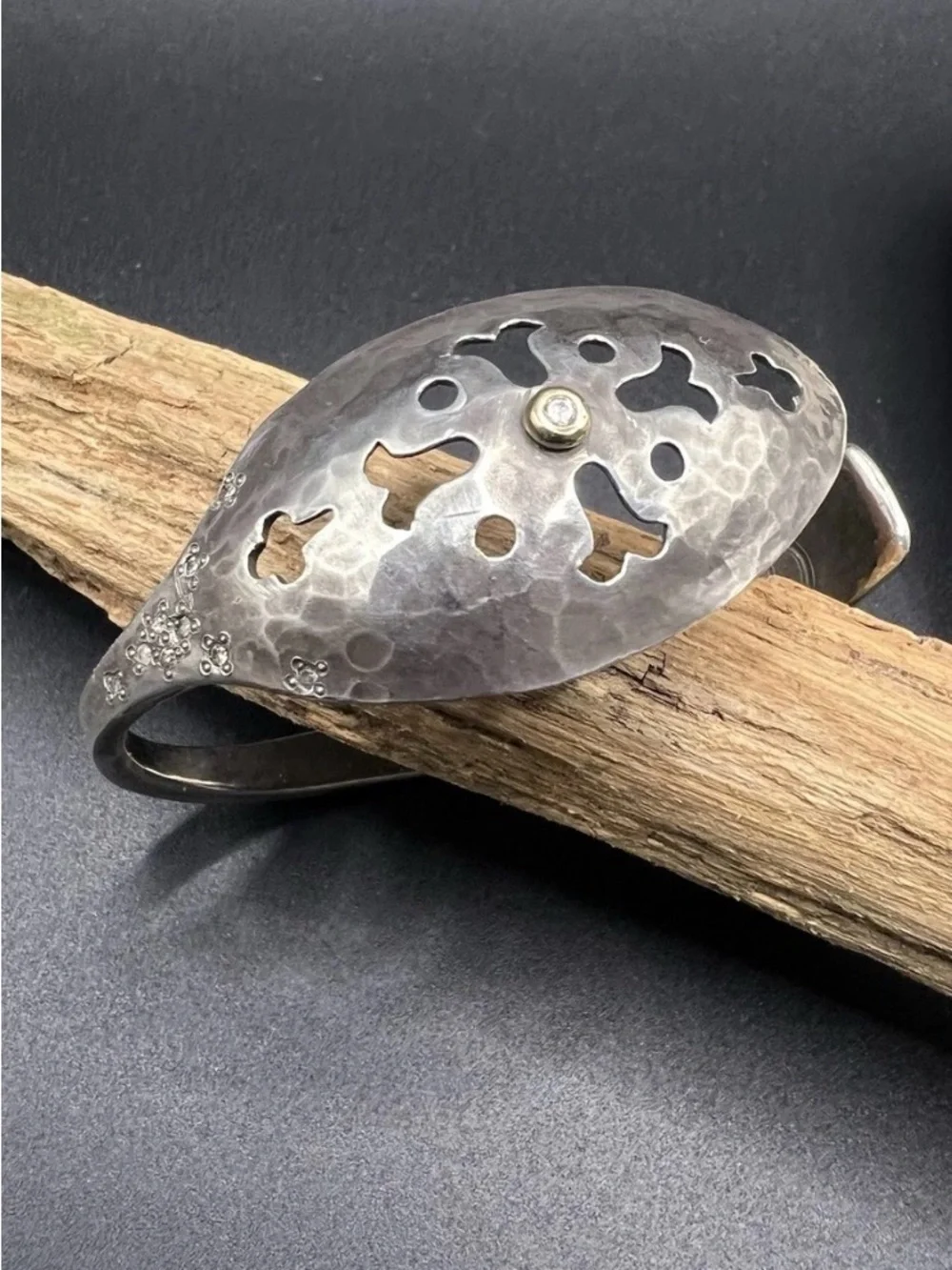 Brandon Holschuh Sterling Silver & 14K Gold Hammered Spoon Cuff with Diamonds